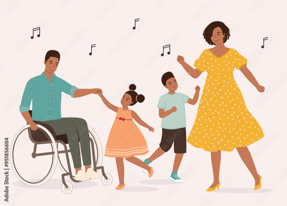 Happy Black Father In Wheelchair Dancing With His Family. Happy Black Father In Wheelchair Dancing With His Family.