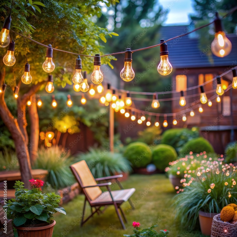 Warm Evening Glow in the Backyard, String Lights, Garden Decor, Cozy Atmosphere, Backyard Party, string lights, evening ambiance Warm Evening Glow in the Backyard, String Lights, Garden Decor, Cozy Atmosphere, Backyard Party, string lights, evening ambiance