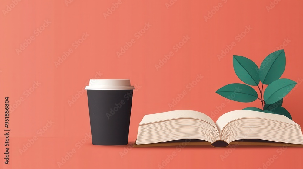 Fototapeta premium A book is open on a table with a cup of coffee next to it