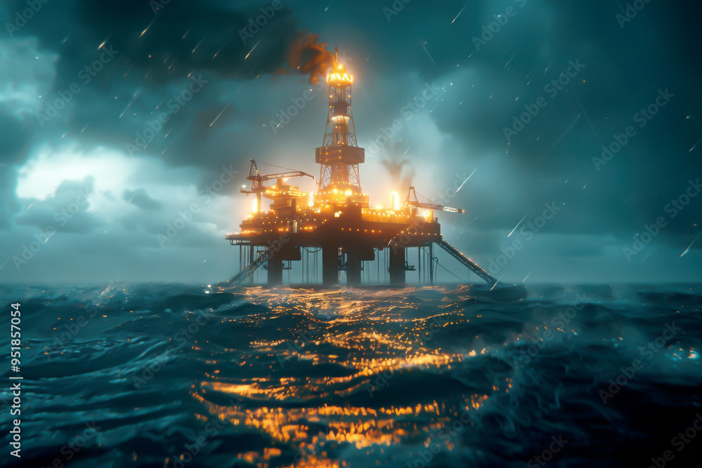 Obraz premium Oil rig in the middle of the ocean with a dramatic sky and stormy weather.