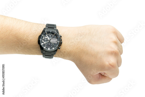 Hand with modern black chronograph watch isolated on white
