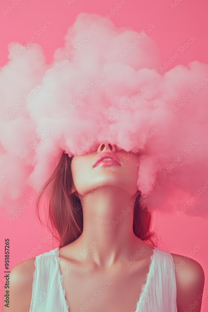 Young Woman with Her Head in a Pink Cloud on a Pastel Pink Background Young Woman with Her Head in a Pink Cloud on a Pastel Pink Background