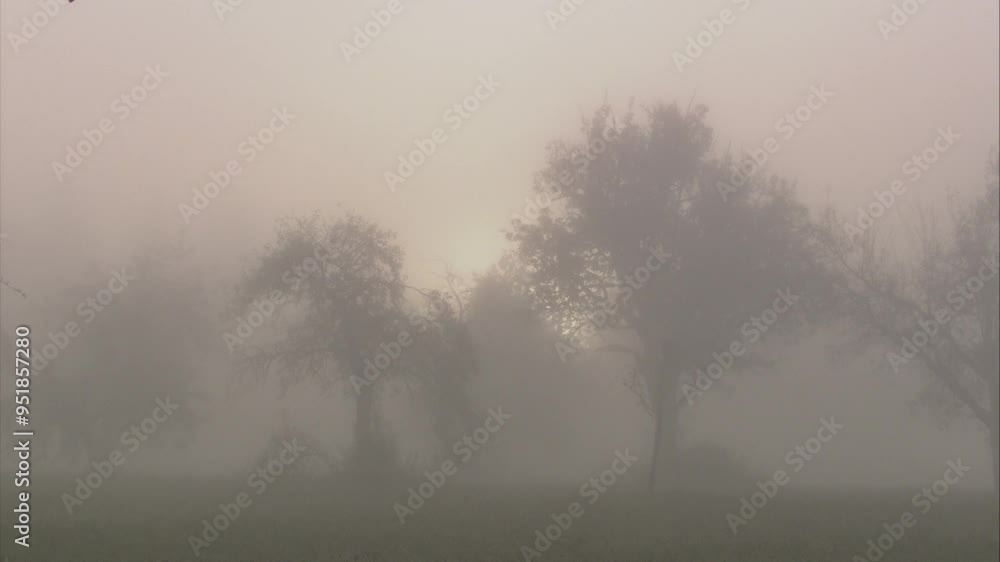 trees on a meadow in thick fog in autumn trees on a meadow in thick fog in autumn