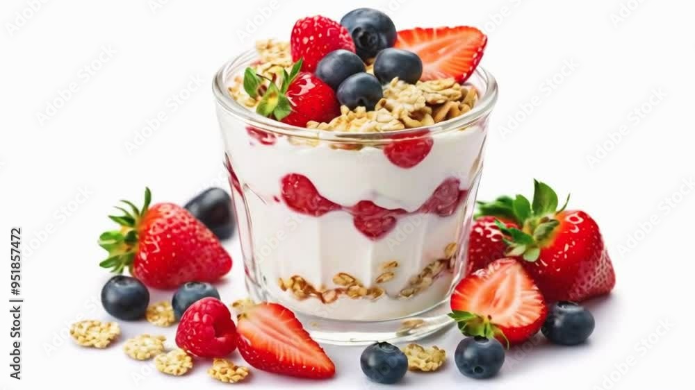 Homemade yogurt in a glass with berries and crunchy cereals on top, isolated. Homemade yogurt in a glass with berries and crunchy cereals on top, isolated.