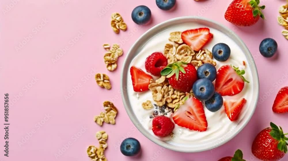 Homemade yogurt in a bowl with berries and crunchy cereals on top, isolated. Homemade yogurt in a bowl with berries and crunchy cereals on top, isolated.