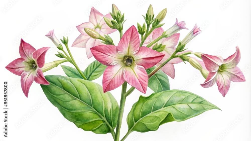 Obraz premium Watercolor Illustration of Pink Tobacco Flowers with Green Leaves, botanical, watercolor painting, plant illustration, floral art