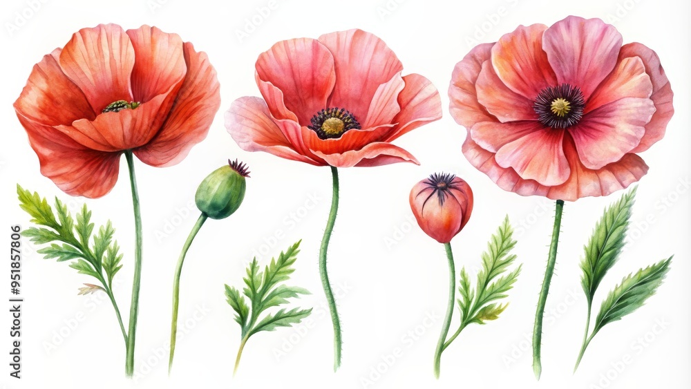 Obraz premium Watercolor Illustration of Poppy Flowers, Red, Watercolor, Floral, Botany