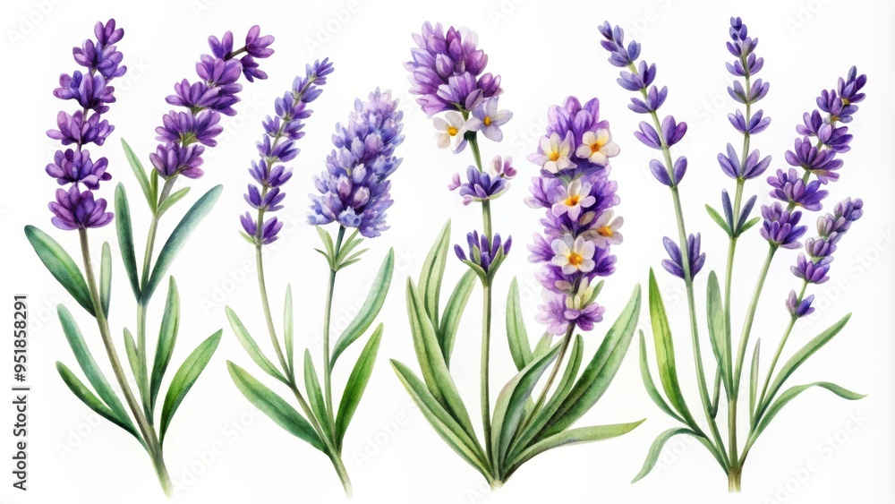 Obraz premium Watercolor Lavender Sprigs with Green Leaves, Botanical Illustration, Floral Design, Watercolor Painting, lavender, botanical, floral