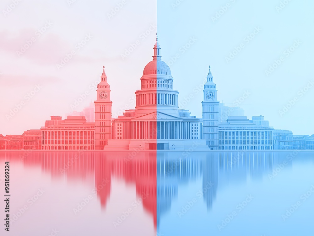 Obraz premium Red and Blue Cityscape with Reflection