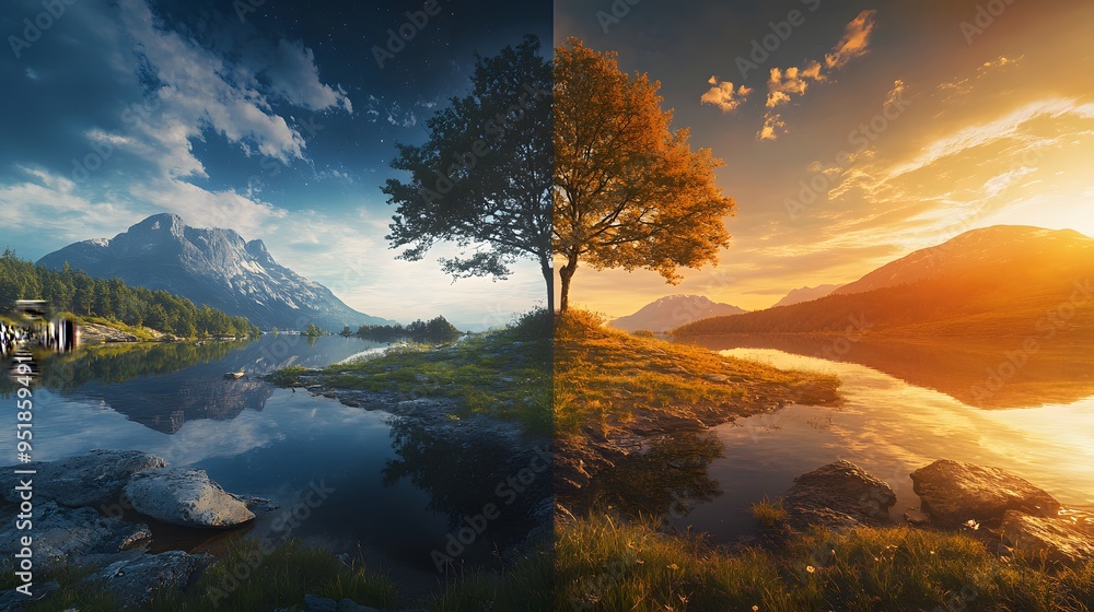 Fototapeta premium Night and Day Landscape with Mountain Lake and Tree
