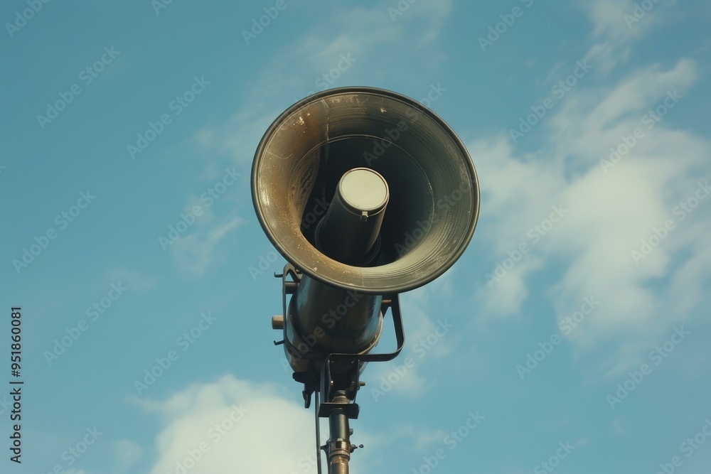 Old loudspeaker is pointing at the sky, potentially broadcasting an important message Old loudspeaker is pointing at the sky, potentially broadcasting an important message