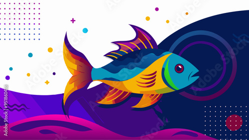 Colorful tropical fish swimming through abstract waves on vibrant background with copy space