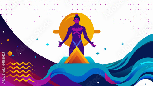 Spiritual figure with open arms rising from waves against cosmic background with copy space