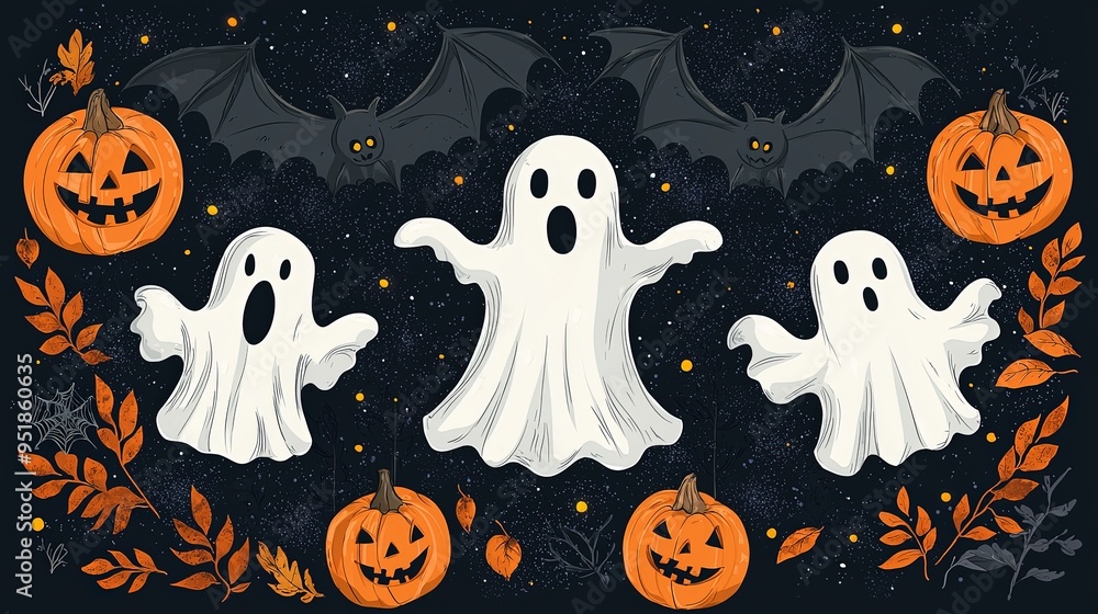 This Halloween-themed image features three animated white ghosts with expressive eyes floating among carved pumpkins and hovering bats set against a starry night sky. This Halloween-themed image features three animated white ghosts with expressive eyes floating among carved pumpkins and hovering bats set against a starry night sky.