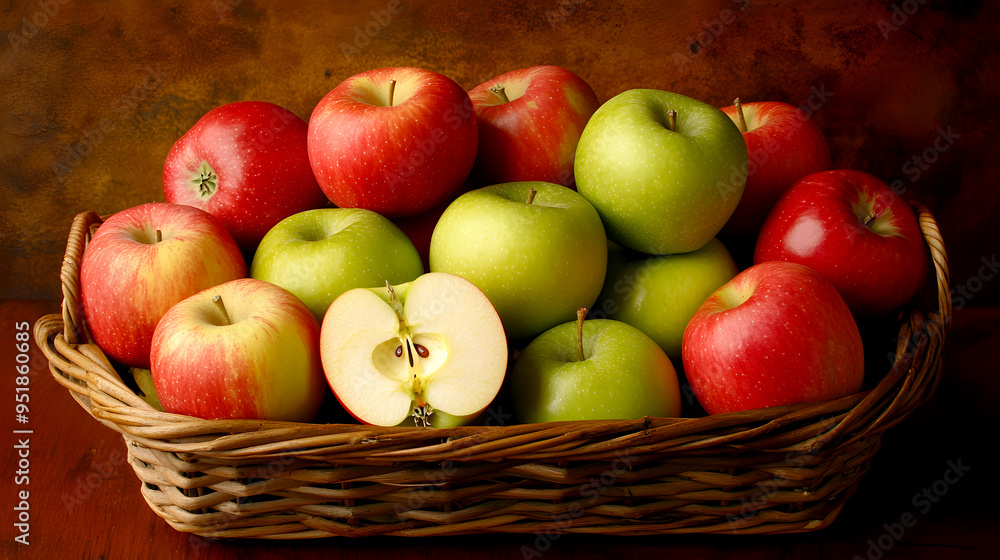 basket full of mixed red and green apples, with one apple sliced open basket full of mixed red and green apples, with one apple sliced open