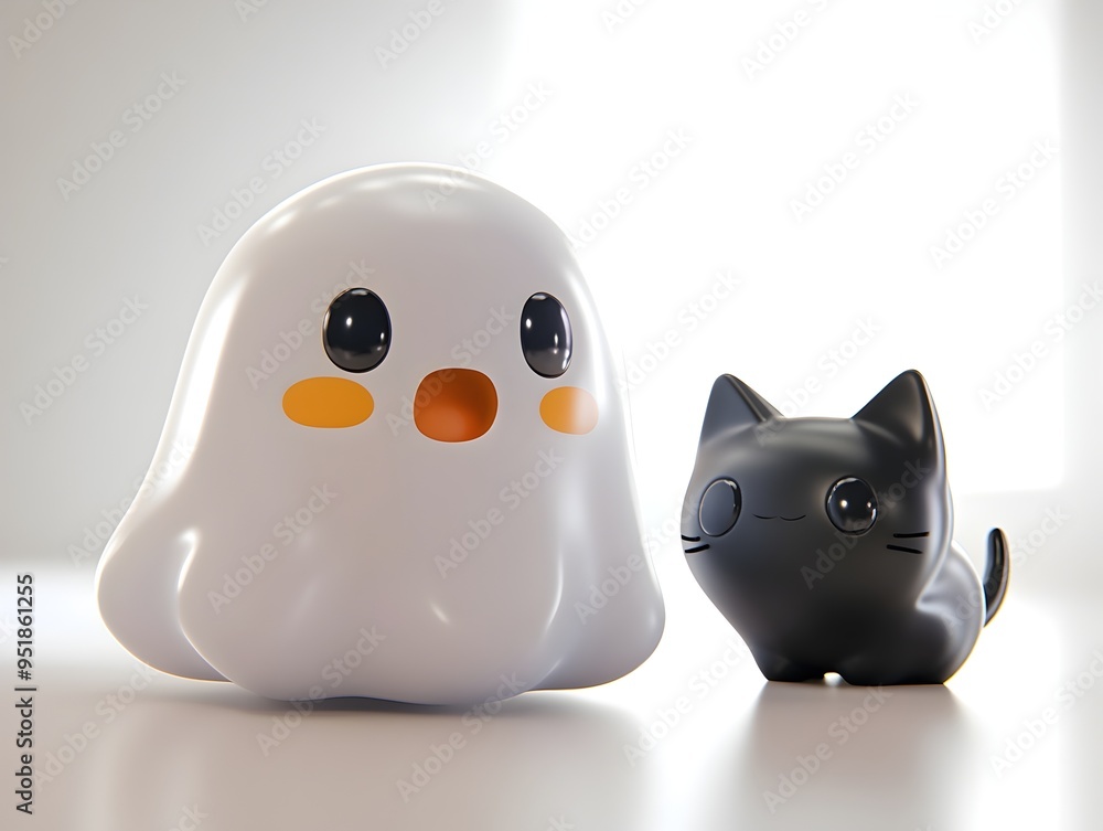 Surprised 3D Halloween Ghost and Black Cat - Adorable Pair of Spooky Characters Surprised 3D Halloween Ghost and Black Cat - Adorable Pair of Spooky Characters