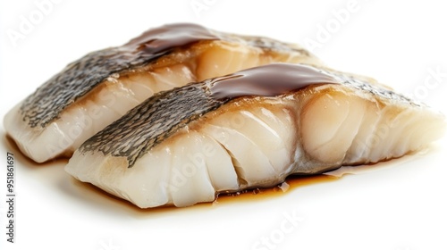 Fototapeta Naklejka Na Ścianę i Meble -  Two pieces of cod fish with soy sauce on a white background