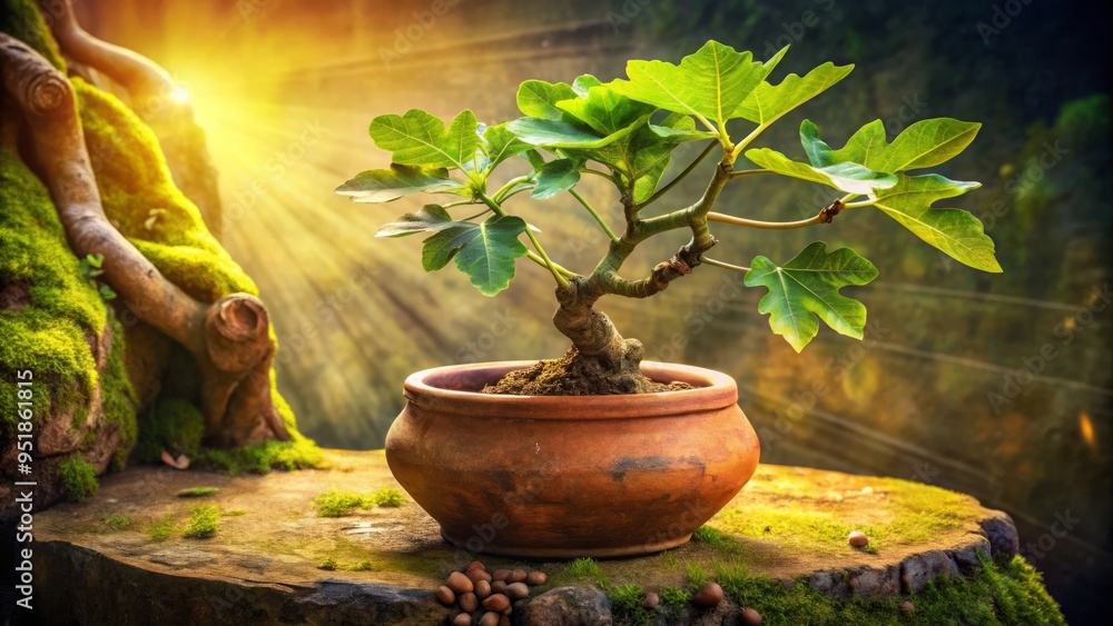 Lush fig leaves unfurl from a battered terracotta pot, entwined around a gnarled tree trunk, amidst a woven tapestry of moss, twigs, and weathered soil. Lush fig leaves unfurl from a battered terracotta pot, entwined around a gnarled tree trunk, amidst a woven tapestry of moss, twigs, and weathered soil.