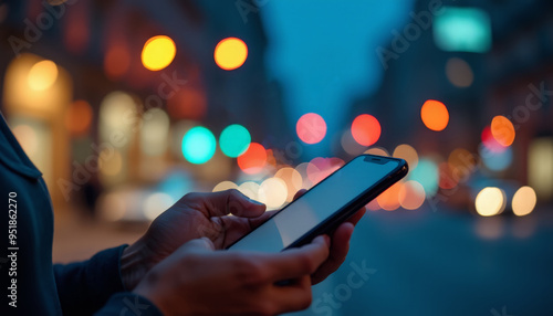 A close-up view of hands holding a smartphone at night, with colorful social media reaction icons against a blurred city background 