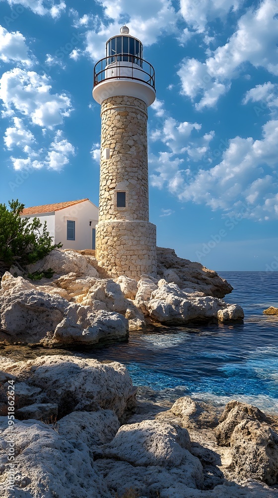 Fototapeta premium A stone lighthouse stands tall on a rocky outcropping, overlooking the calm blue waters. The white building and the clear sky create a serene coastal scene.