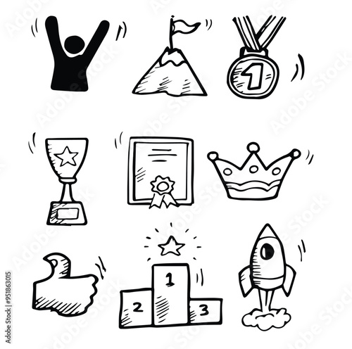 Award icon doodle hand drawn set. Winner trophy cup, champion medal, win certificate. Hand drawn doodle sketch style champion.