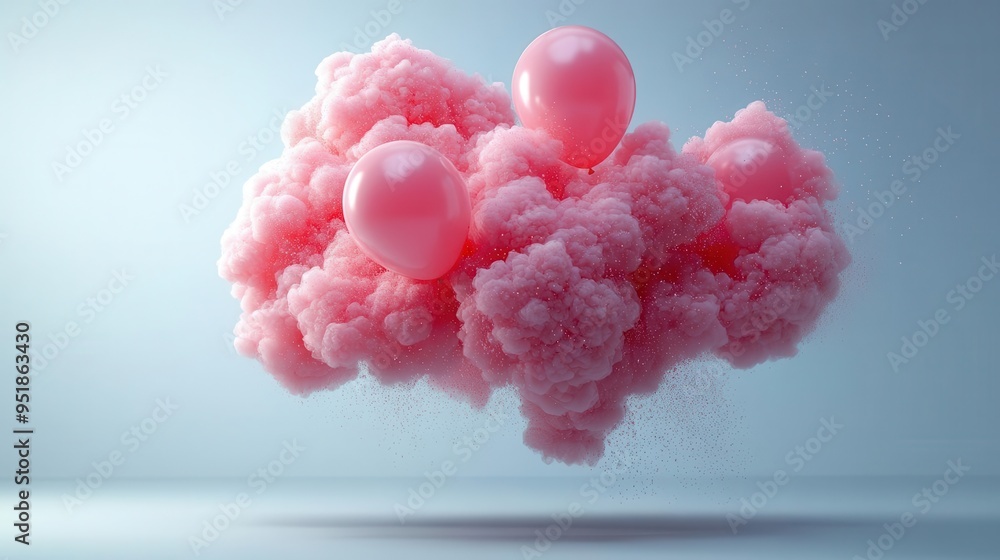 Fototapeta premium whimsical cloud of pink balloons floating against stark white backdrop soft dreamy lighting delicate shadows playful composition