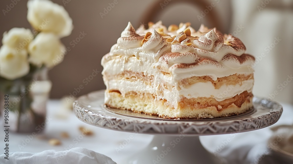 Heavenly Almond Meringue Cake with Elegant Plating, Captured in Natural Lighting. Heavenly Almond Meringue Cake with Elegant Plating, Captured in Natural Lighting.