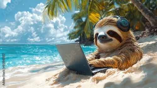 whimsical illustration of a sloth working on a laptop while relaxing on a tropical beach palm trees turquoise waters and soft sand create a humorous contrast to the lazy worker