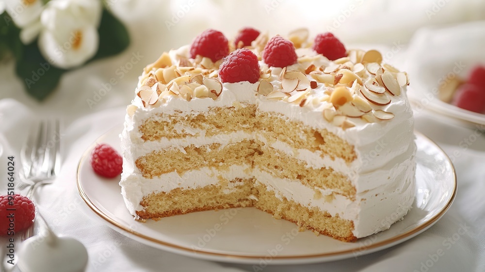 Heavenly Almond Meringue Cake with Elegant Plating, Captured in Natural Lighting. Heavenly Almond Meringue Cake with Elegant Plating, Captured in Natural Lighting.