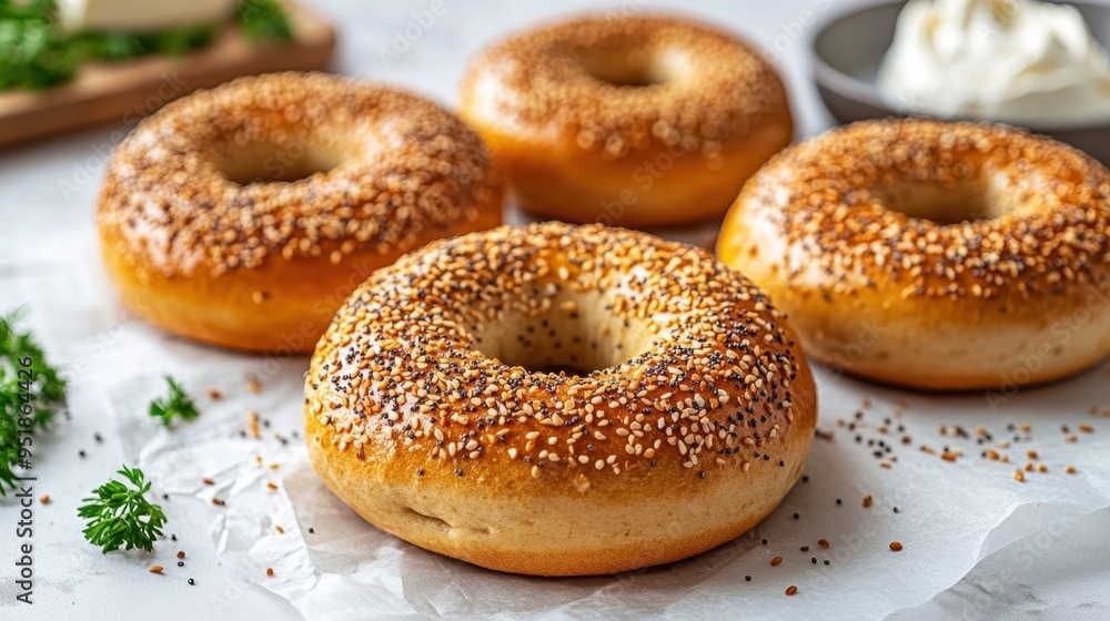 Freshly baked bagel with Sesame seed isolated on white background,Everything bagels topped with cream cheese,New York style bagels for breakfast,Homemade freshly baked bagels,space for text. Freshly baked bagel with Sesame seed isolated on white background,Everything bagels topped with cream cheese,New York style bagels for breakfast,Homemade freshly baked bagels,space for text.