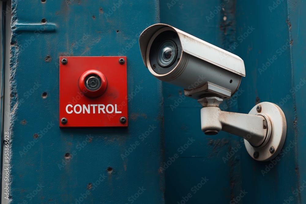 Surveillance camera mounted on blue wall next to red control button symbolizing security and monitoring. Surveillance camera mounted on blue wall next to red control button symbolizing security and monitoring.
