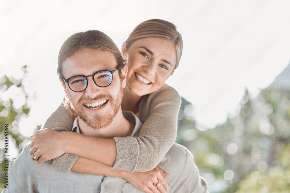 Couple, hug and happy for portrait in garden with care, bonding and outdoor in spring for connection. People, man and woman with embrace, love and smile together in backyard for piggy back in Croatia Couple, hug and happy for portrait in garden with care, bonding and outdoor in spring for connection. People, man and woman with embrace, love and smile together in backyard for piggy back in Croatia