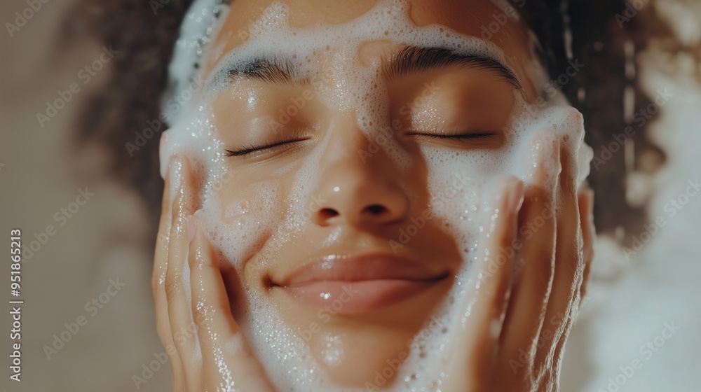 happy woman with closed eyes washing her face in soap foam happy woman with closed eyes washing her face in soap foam
