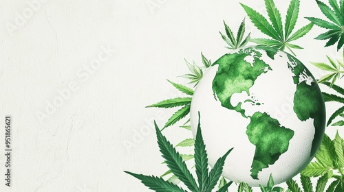 Fototapeta Naklejka Na Ścianę i Meble -  Green marijuana leaves encircling the planet Earth, clean white backdrop, ethereal feel, Watercolor style
