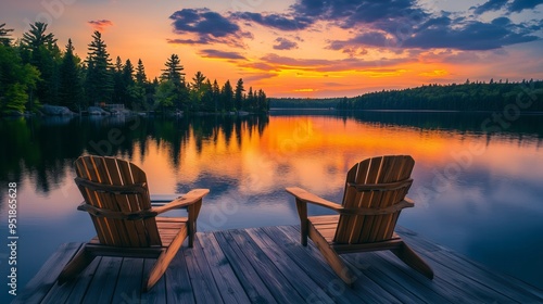 Two wooden chairs on the dock of a lake with a beautiful sunset sky over a forest landscape background