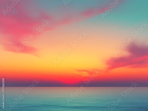 A serene sunset over the ocean, with vibrant hues of pink, orange, and yellow painting the sky.