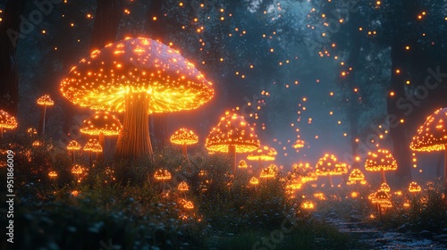 Enchanting Large Glowing Mushroom Forest Illuminated at Night. Mystical and Magical Atmosphere with Bioluminescent Fungi Creating a Fantasy-Inspired Scene in a Dark, Mysterious Woodland.