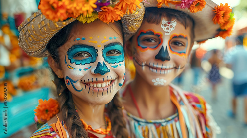 Day of the Dead celebration, Children with traditional face paint and colourful costumes at festival outdoor.