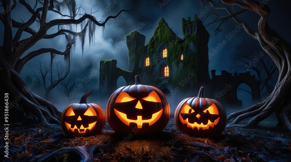 A highly detailed and realistic macro photography close-up of a Halloween-themed 4K wallpaper featuring a trio of intricately carved A highly detailed and realistic macro photography close-up of a Halloween-themed 4K wallpaper featuring a trio of intricately carved