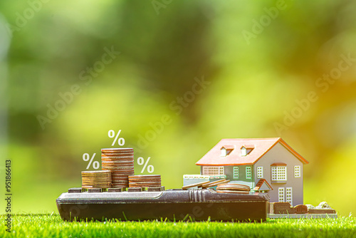 Stack coins as graph trend up and interest rates with house model background. FED fix recession inflation crisis by increase interest rate that effect to house buyer. Mortgage loan, financial concept. photo