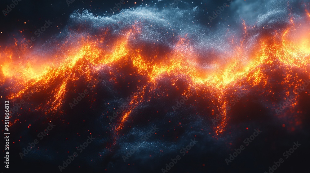 Lava flows and fiery clouds illuminated at night during volcanic eruption Lava flows and fiery clouds illuminated at night during volcanic eruption