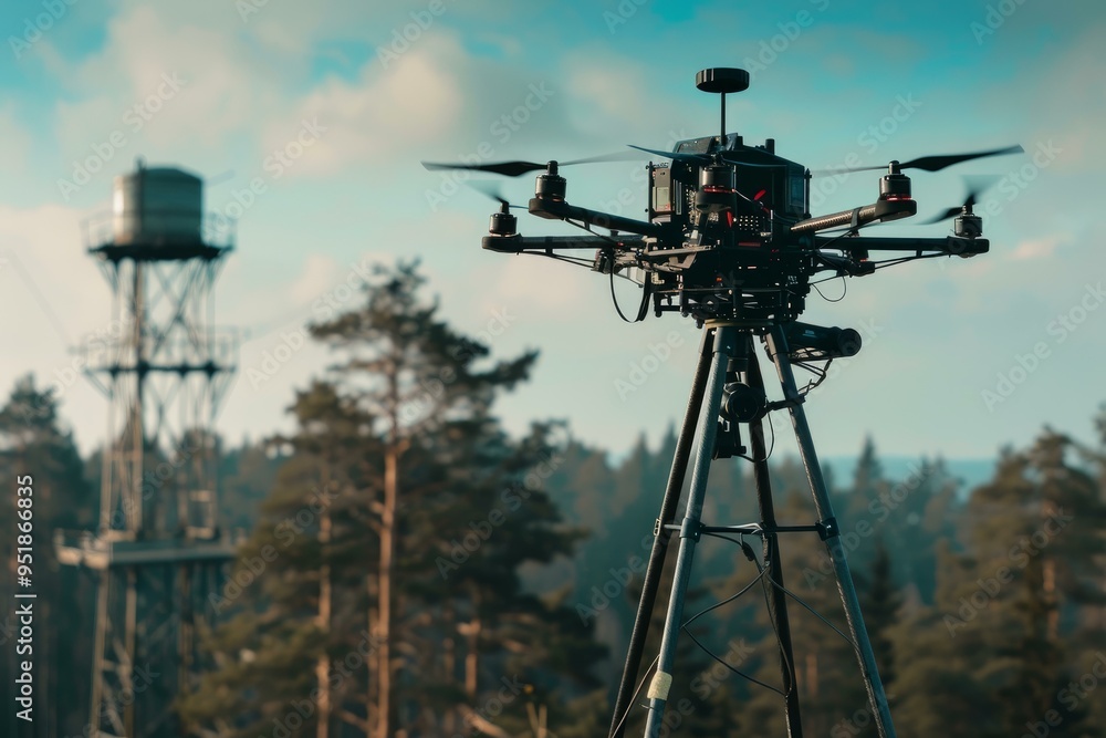 Professional drone is standing on a tripod outdoors in the forest, ready for aerial photography and videography Professional drone is standing on a tripod outdoors in the forest, ready for aerial photography and videography