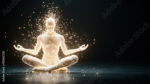 Digital art of a glowing human figure meditating with particle effects representing energy and spirituality in a dark space