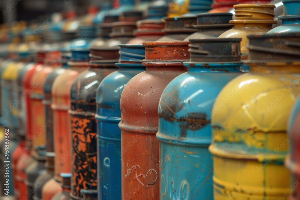 Bunch of colorful old fire extinguishers are standing together Bunch of colorful old fire extinguishers are standing together