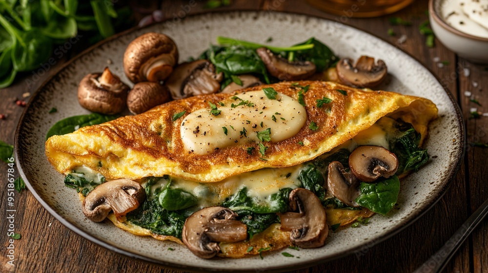 delicious omelette served with mushrooms, spinach and melted cheese delicious omelette served with mushrooms, spinach and melted cheese