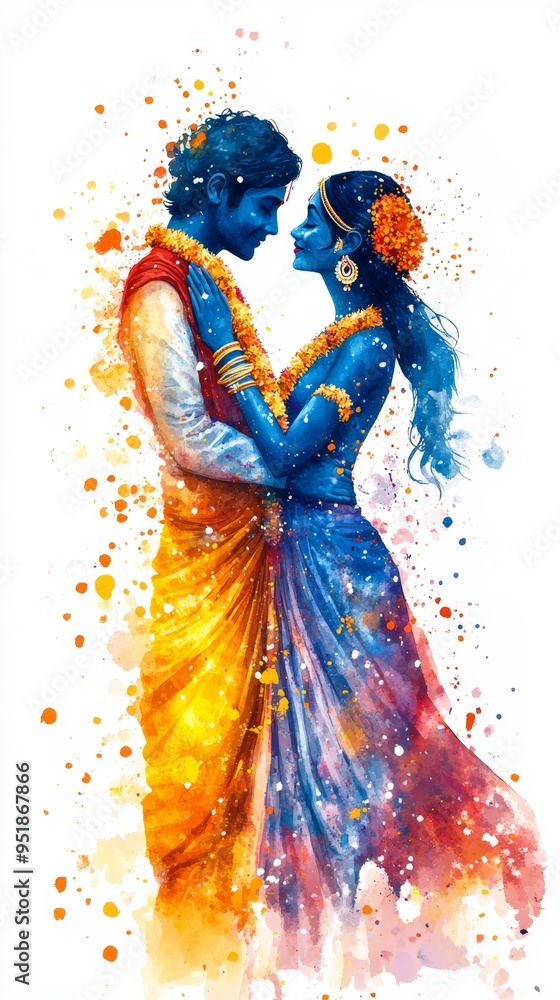 Fototapeta premium Vibrant AI-Generated Krishna and Radha: Holi Festival Celebration in Watercolor. Colorful Hindu Mythology Art for T-Shirts, Posters, and UI Design. Elegant Minimalist Composition with Textured Gradien