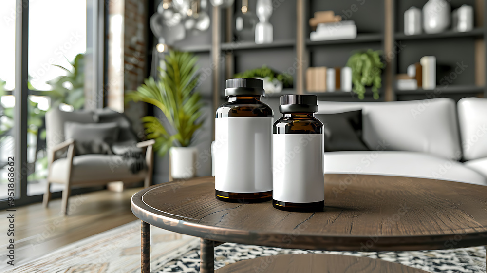 Two bottles with blank labels sit on a wooden coffee table in a modern living room. Two bottles with blank labels sit on a wooden coffee table in a modern living room.