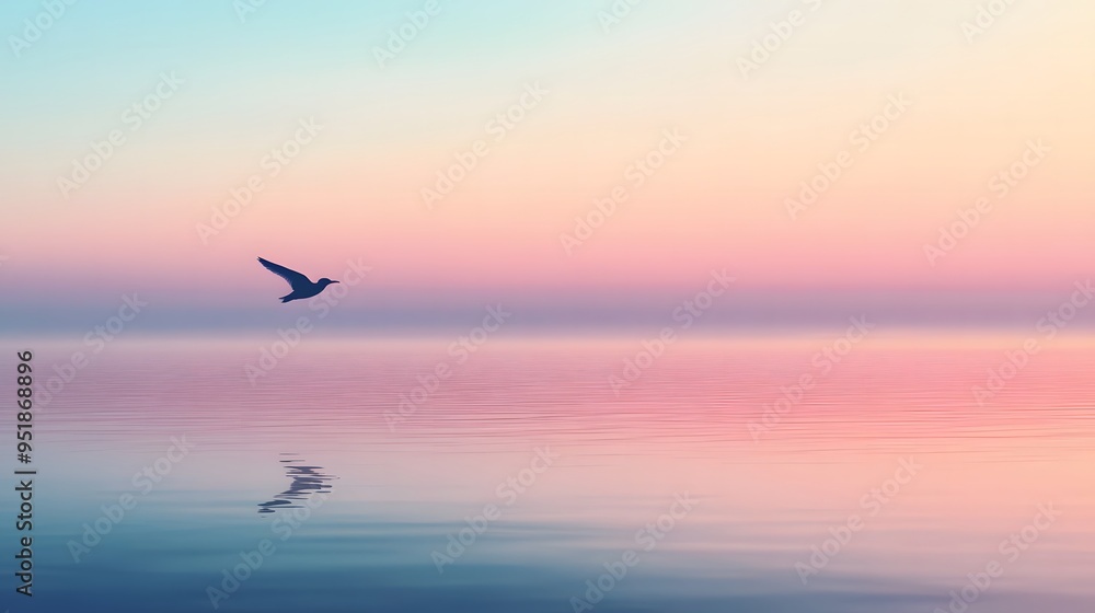 A single bird flying over a calm sea at dusk with a blue and pink sky, creating a peaceful and minimal scene. A single bird flying over a calm sea at dusk with a blue and pink sky, creating a peaceful and minimal scene.