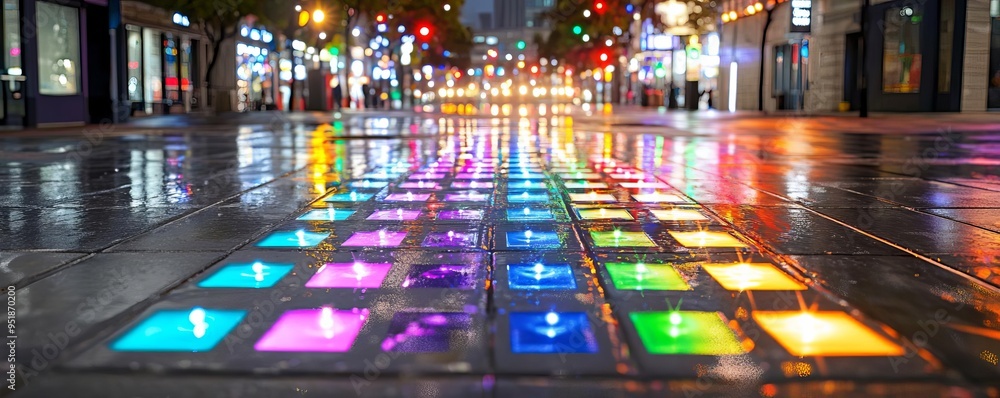 Night cityscape with colorful lights reflecting on wet pavement, lively downtown, dynamic urban vibe Night cityscape with colorful lights reflecting on wet pavement, lively downtown, dynamic urban vibe