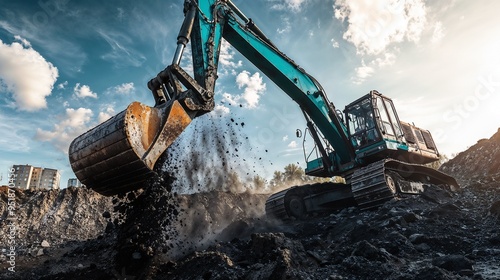 A large and powerful excavator is currently digging a hole in a dirt field